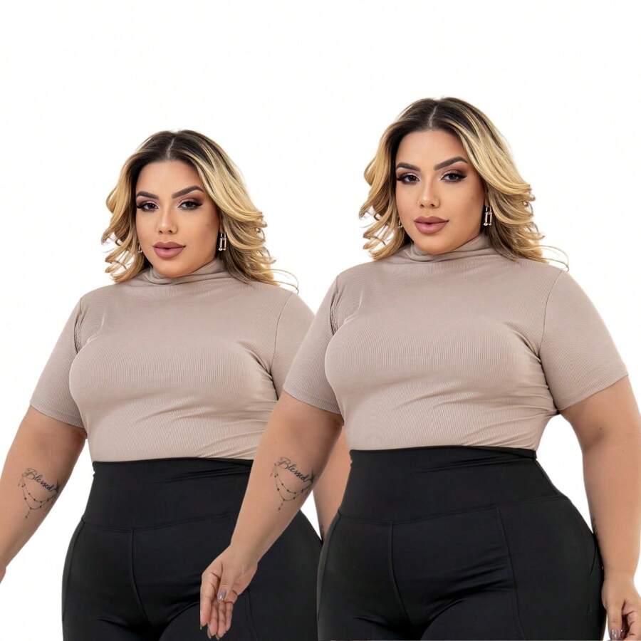 Kit Of 2 Plus Size Cacharrel Women's Blouses With Ribbed Turtleneck, GG To G3 - 2 Beige - View 1