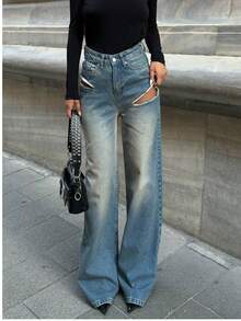 Casual Ripped Washed Zip Pocket Denim Jeans - Mist Green - View 2