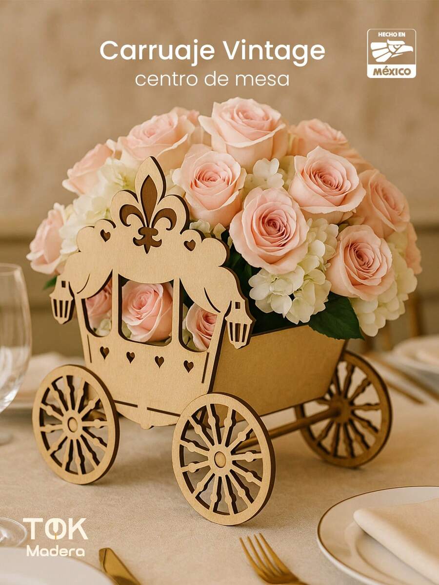 Centro De Mesa Carruaje Vintage Decoracion De Mesa Recuerdo Para Fiesta Boda Xv Años, Presentación, Confirmación, Comunion 3 Años madera MDF - Café integral - Ver 1