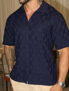 Men's Chic Lightweight Textured High Quality Autumn And Winter Knit Shirt - Navy Blue - View 2