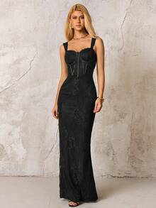 PARTHEA Backless Split Bodycon Contrast Lace Cami Elegant Formal Evening Gowns,Long Party Dresses,Elegant Dresses For Party,Matric Dance Black Dresses(Zipper,Sexy,Elastic Force) - Black - View 4