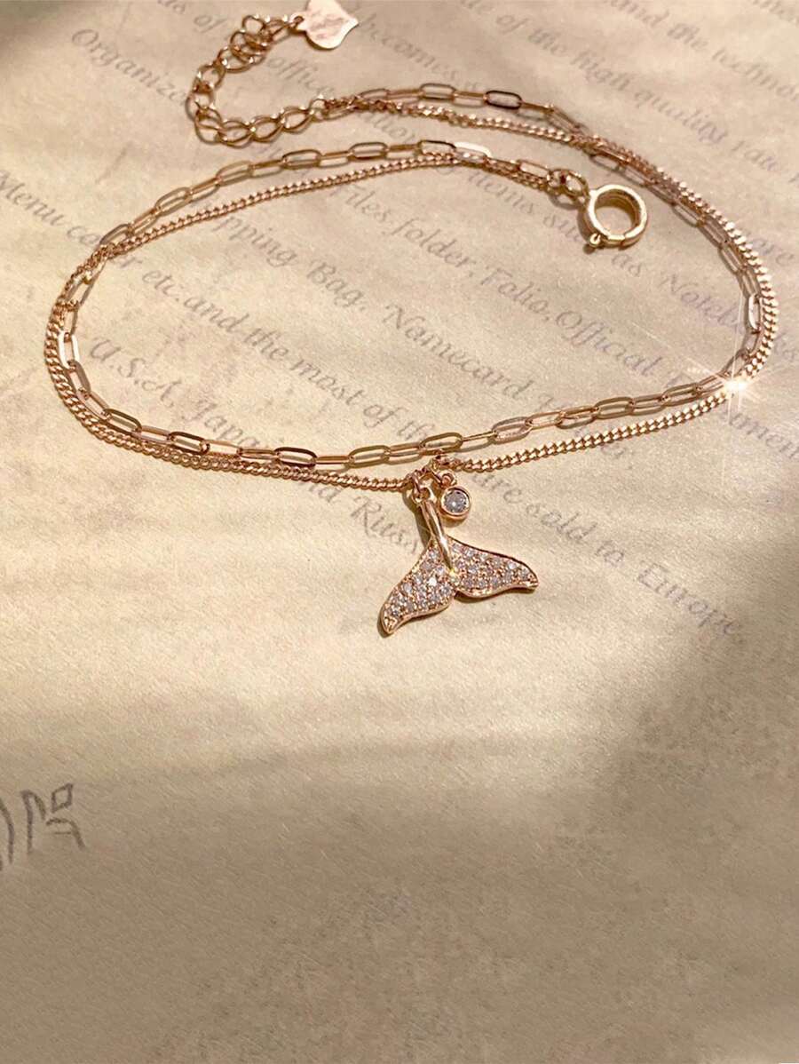 1 件 925 纯银美人鱼尾锆石吊坠优雅双层手链或脚链，适合女性日常佩戴、节日、派对礼物、珠宝