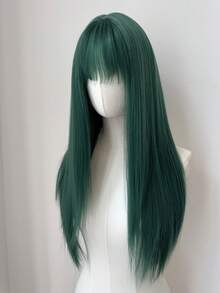 深绿色动漫假发，适合角色扮演和日常使用 - 长直合成发，带刘海，男女通用可调节帽子，适合角色扮演、派对、节日和所有种族万圣节派对（不包括配饰） - 綠色 - 查看 5