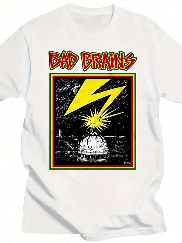 Camiseta gráfica de heavy metal para hombres BAD BRAINS - Camiseta de banda negra con diseño de rayo y disco de Capitol - Camiseta casual de ajuste holgado para conciertos, ropa de calle diaria - Ropa de música rock para todas las estaciones, camisetas de banda de rock, atuendo de concierto, diseño de impresión audaz, tela duradera, material transpirable, camiseta de manga corta, amantes de la moda urbana, impresión de alta calidad, entusiastas de la ropa urbana