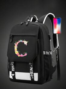 1 件带充电端口的字母图案印花功能性尼龙背包，男女皆宜，适合高中生和大学生、旅行和度假使用（字母从 A 到 Z）