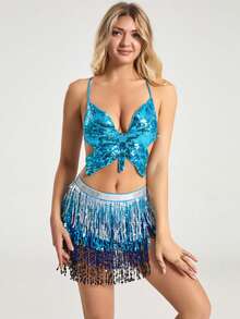 2pcs Set Glitter Fringe Strap Dress For Belly Dancing, Latin Dance, Stage Performance, Competition - 彩色 - 查看 14