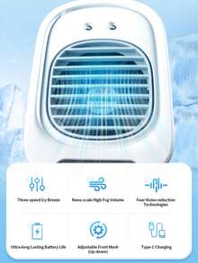 1 Adjustable Portable Air Conditioner Cooling Fan, Rechargeable, Multi-Speed Settings, 2 Modes (Air Conditioning & Misting), 2000mAh Battery, Suitable For Home, Car, Office, Outdoor, White Quiet Design, No Installation Required