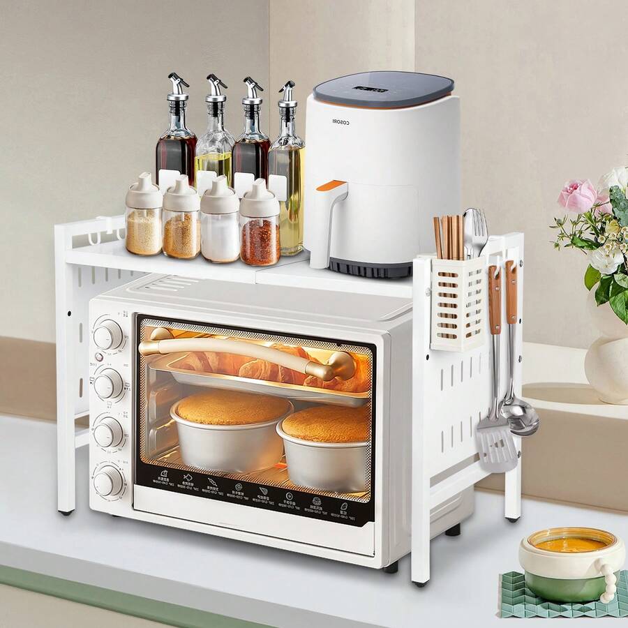 Extendable Microwave Shelf With Hooks, Microwave Stand, Kitchen Storage Rack -42-68*36*46 Cm - White - View 1
