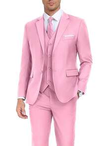 Men's 3 Piece Slim Fit Suits Solid Blazer Jacket Vest & Pants,Wedding Groomsmen Prom Business Suit 2 Button Blazer Jacket Vest Pants Tuxedo Set - 粉色 - 查看 1