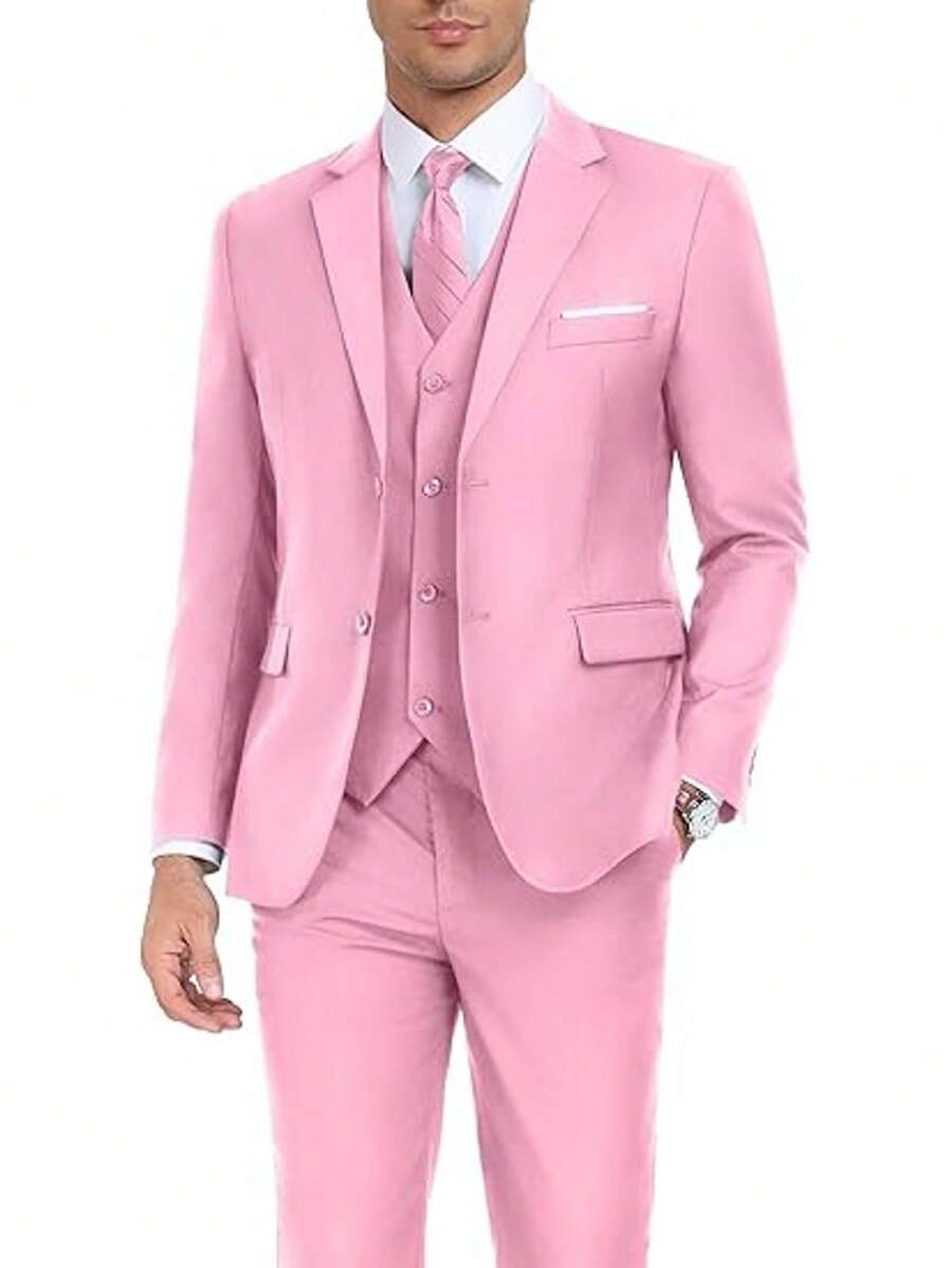 Men's 3 Piece Slim Fit Suits Solid Blazer Jacket Vest & Pants,Wedding Groomsmen Prom Business Suit 2 Button Blazer Jacket Vest Pants Tuxedo Set - 粉色 - 查看 1