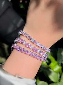 1条非常华丽的粉色立方氧化锆水晶订婚日常派对链网球手链，女士婚礼新娘珠宝礼物 - 粉色 - 查看 2