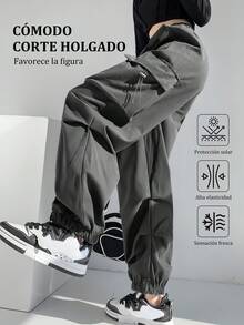 Pantalón largo cargo para dama, pantalones cargo jogger de alta elasticidad y pantalones casuales sólidos para mujer, estilo urbano con cintura alta y cordón ajustable, pierna ancha y bolsillos grandes, en color negro o gris, cómodos, elásticos y ligeros - Gris - Ver 5