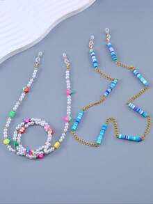 2pcs Women Cute Faux Pearl Beaded Soft Clay Mask Strap & Eyeglasses Chain (Random Colors) - Multicolor - View 2