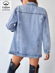 Pearl Beaded Button Open Long Sleeve Mid-Length Denim Jacket - Light Wash - View 4
