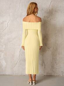 PARTHEA Off Shoulder Knit Solid Color Bodycon Off Shoulder Sweater Dress - Yellow - View 2