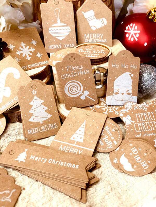 50pcs Christmas Gift Box Decoration Labels, Kraft Paper Gift Wrapping Stickers With 50pcs Hemp Ropes, Suitable For Party Decor, Christmas Decoration, Holiday Gift Packaging