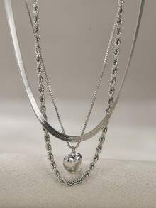 3pcs Luxury Twist Rope Chain Necklace Set With Heart Pendant, Suitable For Women To Wear In Summer Vacation - Silver - View 4