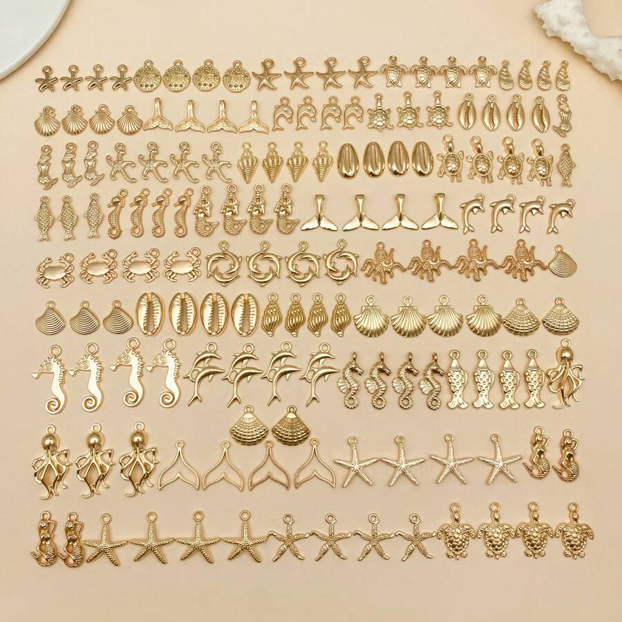 Randomly Mix 20/50/100 Pieces Of Alloy Exquisite Conch, Fish Tail, Seahorse, Pie Star, And Ocean Series Charms Pendants Accessories, Suitable For DIY Necklace, Earring, Keychain Jewelry Production As Fashionable Accessories. - KC Gold - View 1