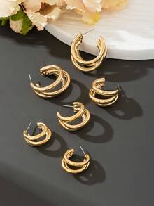 Bộ 3 đôi khuyên tai kim loại hình chữ C tối giản, nhỏ/trung bình/lớn, quà tặng phong cách cho cô ấy - Vàng - Xem 2