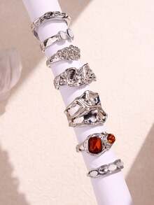 Bộ 7 chiếc nhẫn đá quý Zirconia hình học bạc thanh lịch cổ điển thời trang dành cho nữ, trang sức mùa thu/đông - Nhiều màu - Xem 7