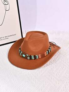 1 件男女通用巴拿马草帽，牛仔毡帽，带绿松石带，复古卷边太阳帽，送给朋友的礼物，开学季