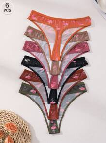 6 条装女士火烈鸟印花冰丝丁字裤无缝低腰丁字裤 - 柔软透气，舒适，适合日常穿着、运动、瑜伽三角裤