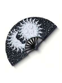 13 Inch Fluorescent Folding Fan - Glow-In-The-Dark Gothic Sun & Moon Constellation Design, Vibrant Rainbow & Leopard Print Fan,Large Black PP Material For Halloween, Raves, Clubs, Concerts, Themed Parties, Cosplay, Costume Props, Gifts, And Dance Events, Halloween Decorations, Without Battery
