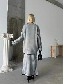 Knopf-detailliertes Rock Set, einfarbiges Lässig Spalt geripptes Knopf Zweiteiler Set für Homewear - Dunkelgrau - Übersicht 7