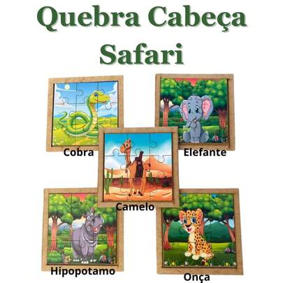 Kit 5 Quebra Cabeças Safari em MDF Cobra, Camelo, Onça, Hipopótamo e Elefante