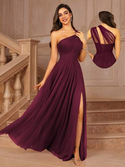 MOEVIO Damen asymmetrisches Abendkleid mit einem Schulter-Überschneidungsausschnitt, Tüll-Rückenausschnitt, A-Linie, formell, lang, Brautjungfernkleid, Hochzeitsgast-Kleid für Sommer, Valentinstag, Geburtstag, Herbstkleid für Damen, Schulanfang, Homecoming, Geburtstag, Damen-Outfit