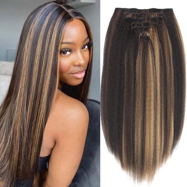 7 Pieces Kinky Straight Clip In Hair Extensions For Women Yaki Straight Clip Ins Full Head Highlights Synthetic Hair (Highlights 1B/27)