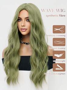 绿色 26 英寸长卷发波浪角色扮演假发，合成耐热纤维假发，易于护理的平滑波浪造型，玫瑰网帽，180% 密度，男女通用，适合女性、女孩、万圣节假发、音乐节假发、返校派对洛丽塔时尚假发 - 綠色 - 查看 4