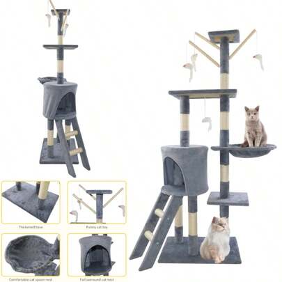 Royalswill Cat Tree Tower Scratching Post Activity Centre 140cm Climbing Frame Big/Little Cat Play Tower Indoor/Outdoor Play & Rest