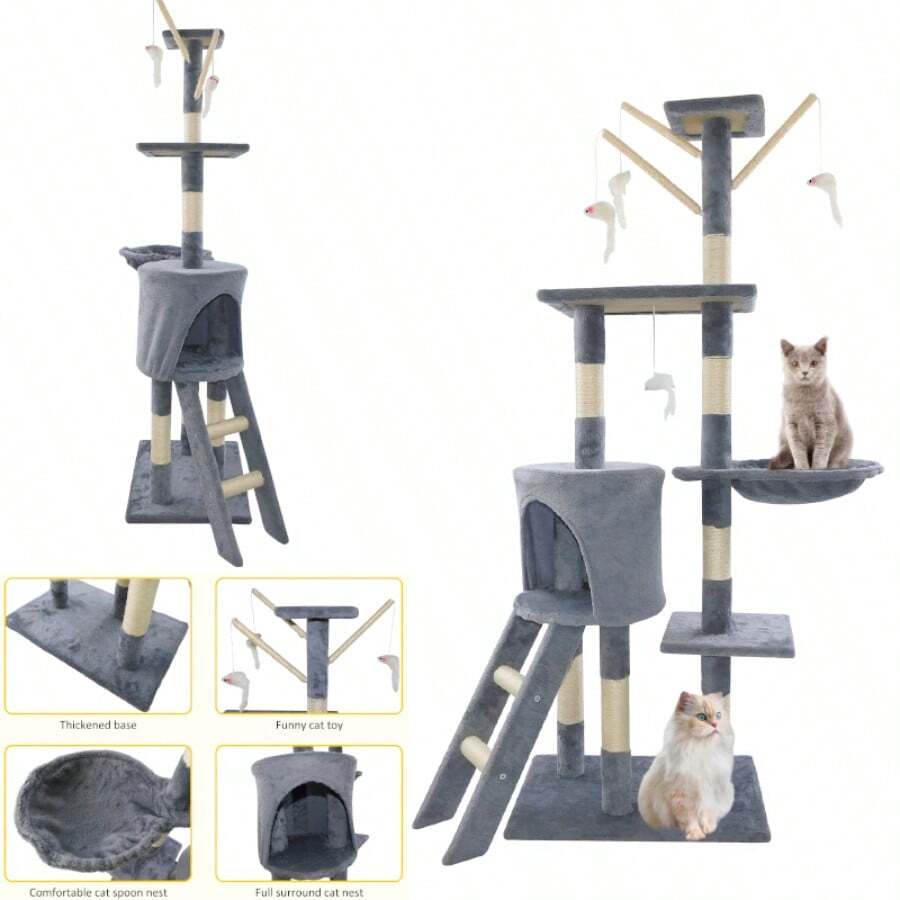 Royalswill Cat Tree Tower Scratching Post Activity Centre 140cm Climbing Frame Big/Little Cat Play Tower Indoor/Outdoor Play & Rest - Light Grey - View 1