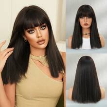 7JHH WIGS High Quality 16-Inch Shoulder Length Straight Wigs For Women - Elegant Natural Black Wigs With Bangs, Soft Silky Heat-Resistant Synthetic Fiber Hairpiece For Daily Wear, Egyptian Queen Costume Cosplay & Music Festival Use, Graduation Gift & Mother's Gift Wig Accessory - Màu đen tự nhiên - Xem 11