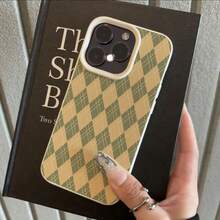 1pc TPU Material Elegant Classic Retro College Style Yellow Green Diamond Plaid Pattern Phone Case Compatible With IPhone/Redmi Phones - White - View 3