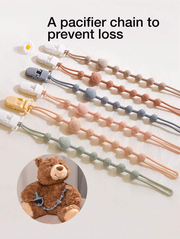 3 peças de alça de pendurar anti-perda com design de urso para bebê, clipe de guia de silicone adequado para mamadeiras, chupetas, mordedores, brinquedos, corrente portátil antiqueda para bebês