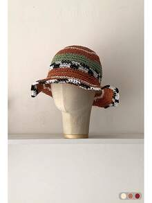 1 件装复古双色条纹草编渔夫帽，百搭女士紧凑型渔夫帽 - 彩色 - 查看 34