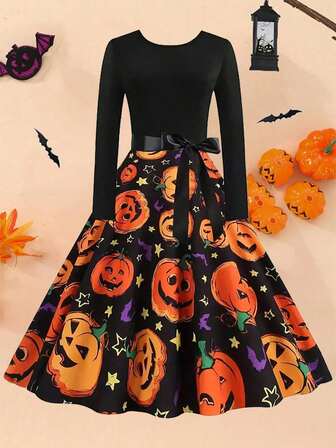 万圣节复古优雅派对礼服 - 南瓜、骷髅、蜘蛛网印花、圆领高腰、长袖、喇叭裙，配有丝带