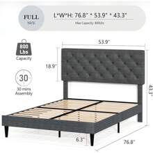 HOMBCK Estructura de cama tapizada con cabecero, estructura de cama de tela de lino con cabecero capitoné, sin somier, fácil montaje, tamaño individual/matrimonial/queen/king, beige/rosa/gris oscuro/gris/azul