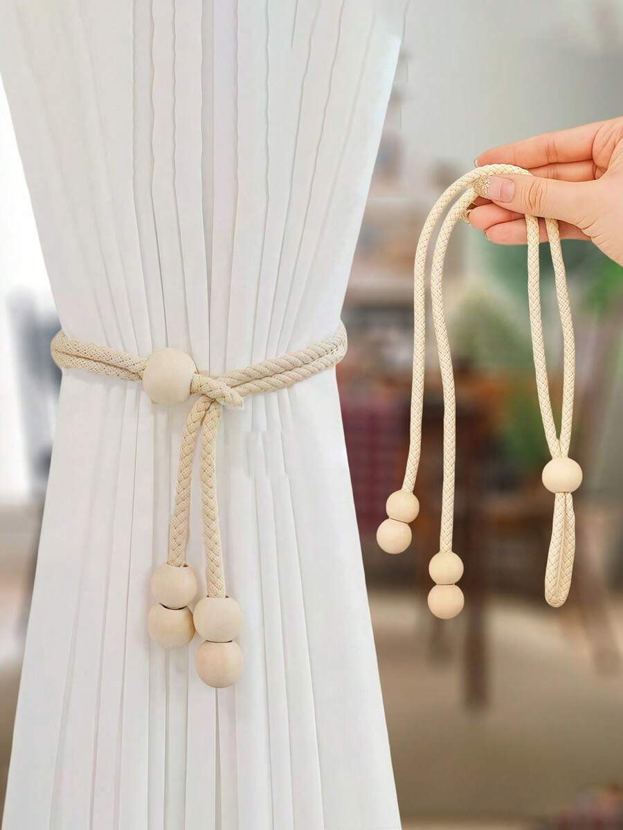 1 cái/2 cái/4 cái Dây buộc rèm cửa sổ phong cách Bohemian có hạt gỗ và tua rua, trang trí nhà cửa cho phòng khách, phòng ngủ, nhà bếp - Màu be - Xem 1