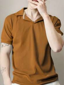 Men's Summer Solid Color Knitted Shirt - 卡其色 - 查看 2