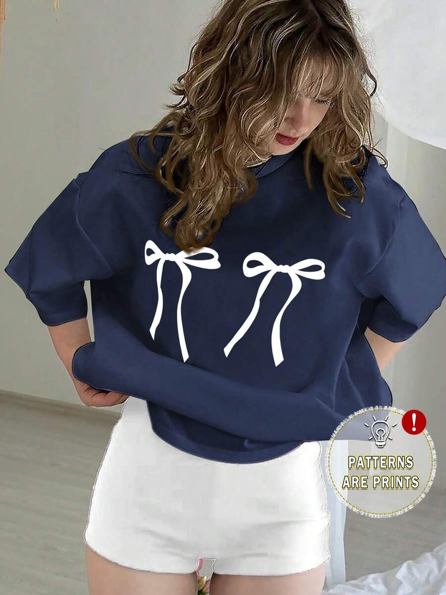 Camiseta para mujer con corte Oversize 100% algodón con cuello redondo y manga corta con diseño cute de moños Playera cómoda y suave - Azul Marino - Ver 1