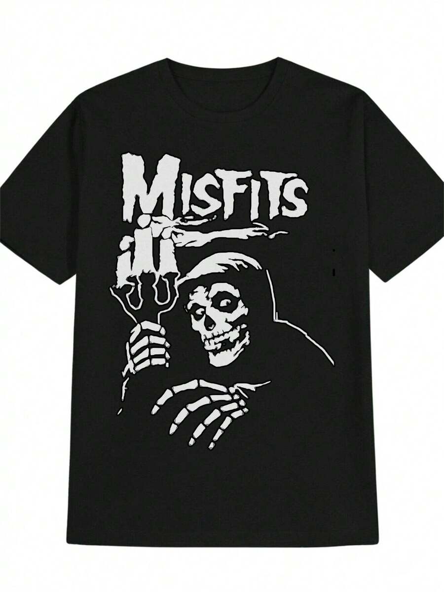 Misfits Graphic Print Men's T-Shirt - Black Casual Crew Neck Tee With Skull & Text Design, Lightweight Polyester Summer Shirt For Adults, Fan Merchandise |   Edgy Casual Style |   Polyester Fabric - 黑色 - 查看 1