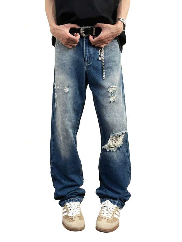 Jeans droits décontractés pour hommes en denim délavé abîmé