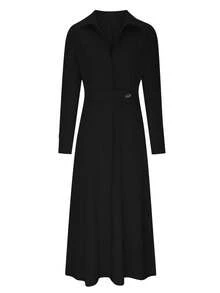 Women's Long Dress With Lapel - Elegant Long Sleeve In Solid Color - 黑色 - 查看 3