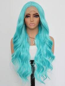 Peluca azul claro de 24 pulgadas con encaje frontal de 13x4, peluca de cabello largo, rizado y ondulado, hecha de fibras sintéticas de alta calidad resistentes al calor. Hermosa, de moda y sexy peluca de uso diario para mujer, ideal para fiestas, cosplay y uso diario. - Celeste - Ver 7