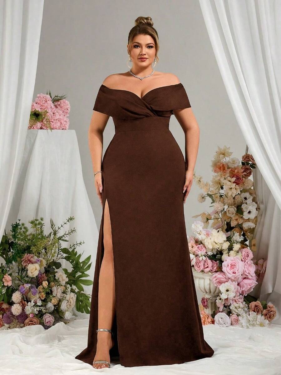 Elisanya Everly L 大尺碼純色露肩露背綁帶洋裝，魚尾下擺高開衩伴娘黑色優雅正式晚宴舞會禮服
