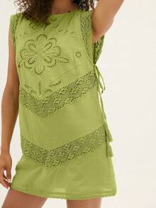 Lace Hollow Out Dress For Women Summer Fashionable Round Neck Loose Sleeveless Casual Mini Dress Streetwear - 綠色 - 查看 3