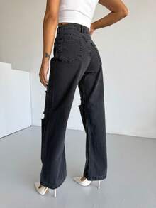 Damen hohe Taille Knie Laser Destroyed Weite Hose, einfarbige Hosentaschen mit Reißverschluss